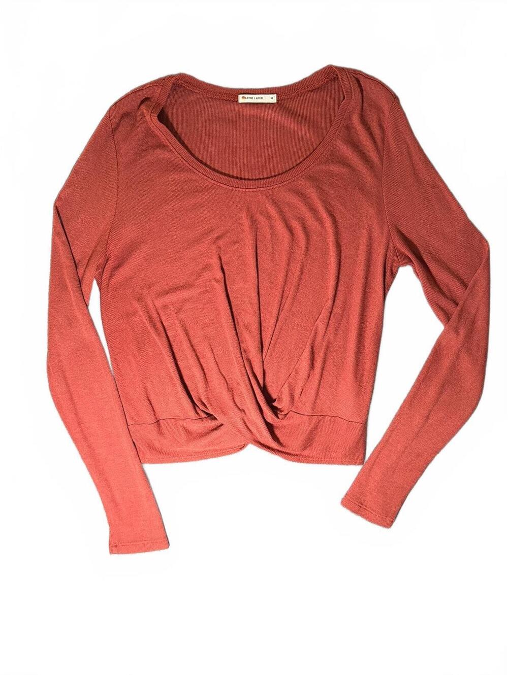 Marine Layer Women's Long Sleeve Rust Red Crop Top Twist Front Size M 16201